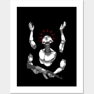 faceless genderless war, god-robot soldier with a weapon in his hands and other hands release a white dove of peace Posters and Art
